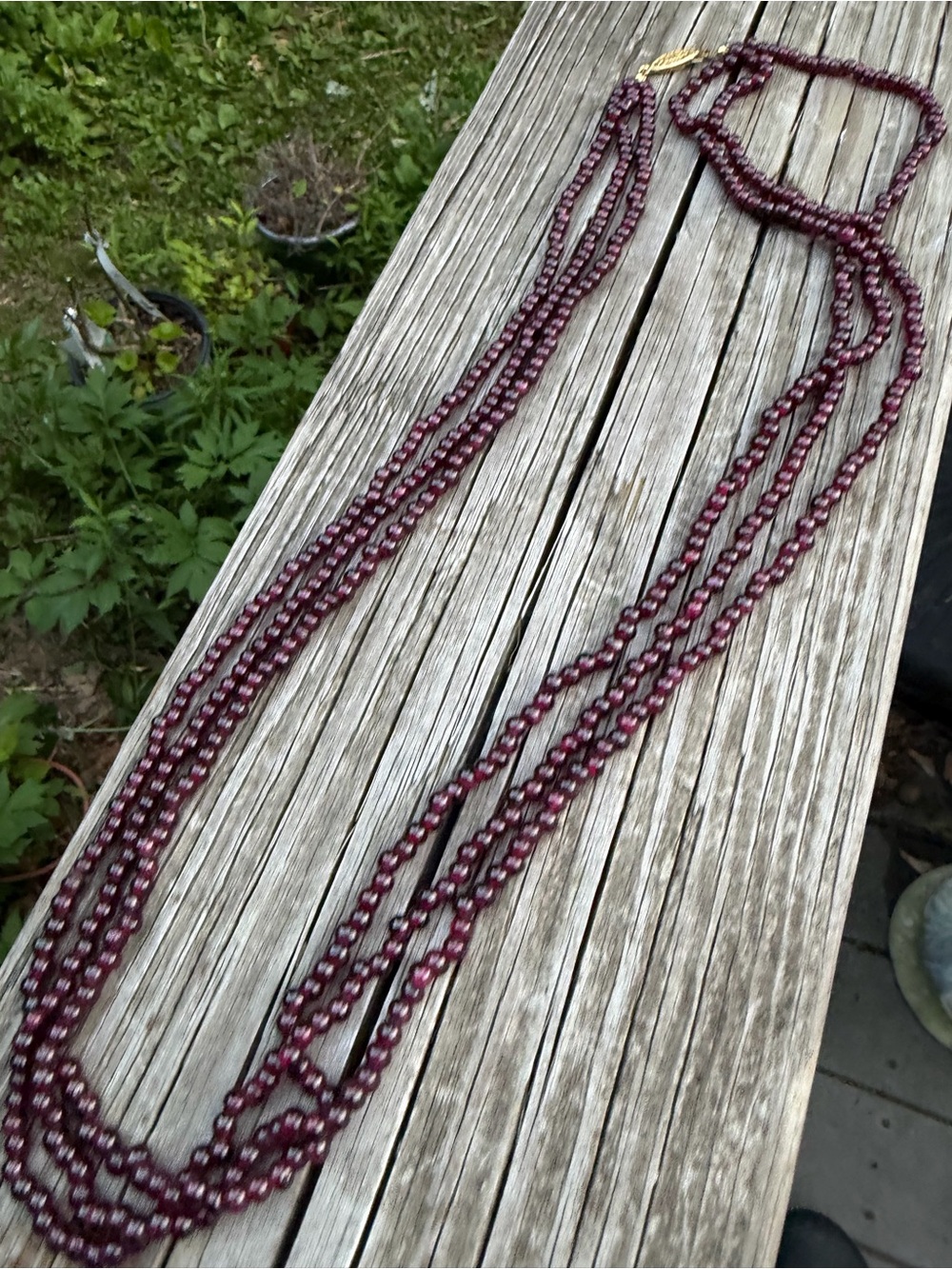 Triple Strand Garnet Necklace 13” Length GoldTone Clasp Unmarked Classic
